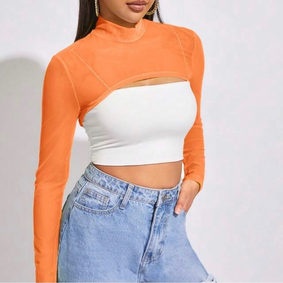 High Neck Neon Orange Mesh Crop Top - Picture 4 of 5